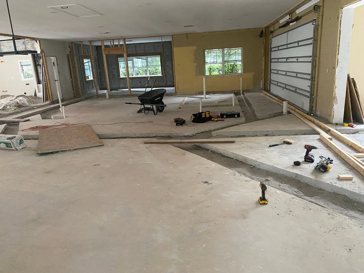 Interior surface during different stages of floor preparation.